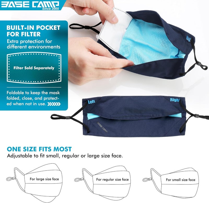 BASECAMP Reusable Cloth Dust Face Masks 100% Cotton Washable Adjustable Breathable Fabric Mask with Filter Pocket - Image 5